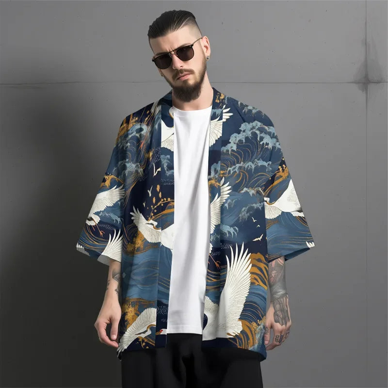 2025 Summer Beach Shirt Fashion Casual Cardigan Kimono Women Yukata Japanese Vintage Style Crane Print Haori Clothes