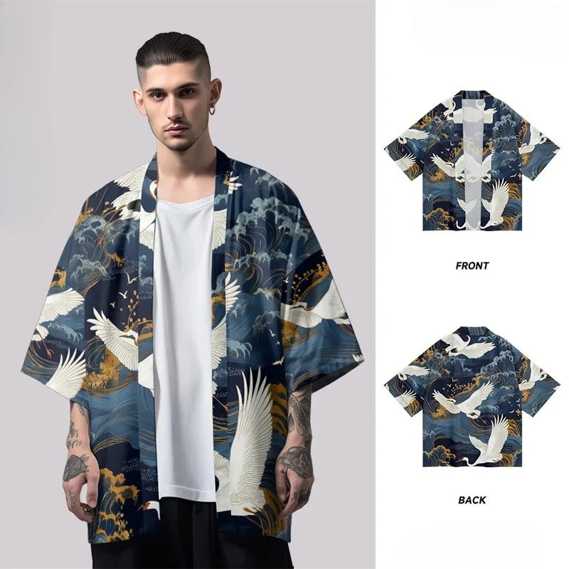 2025 Summer Beach Shirt Fashion Casual Cardigan Kimono Women Yukata Japanese Vintage Style Crane Print Haori Clothes