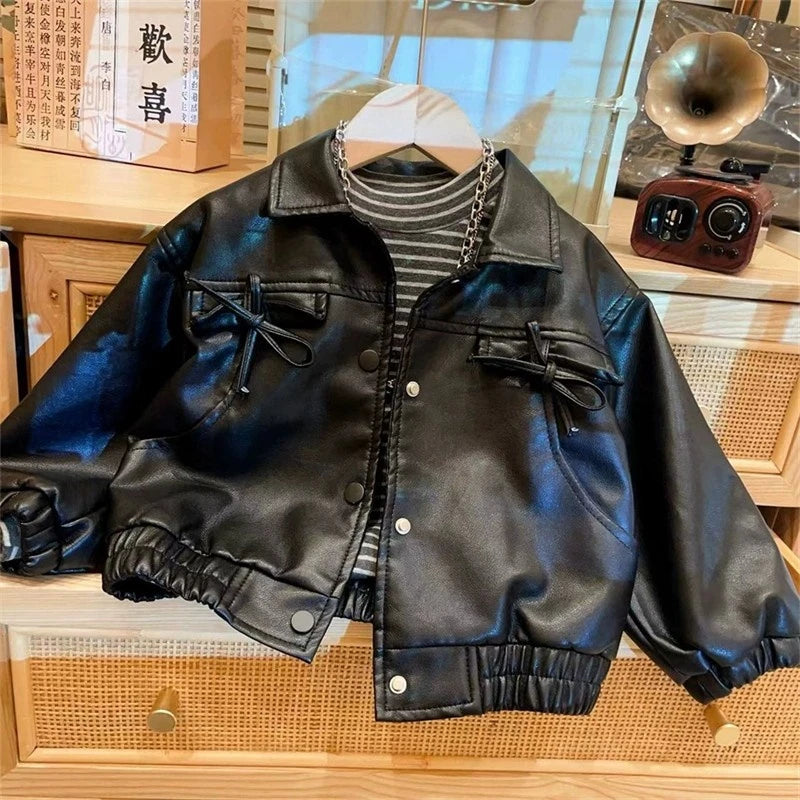 Baby Girl PU Leather Turn Down Collar Outerwear Autumn Winter Fashion Warm Bow Pocket Jacket Korean Children's Casual Coat