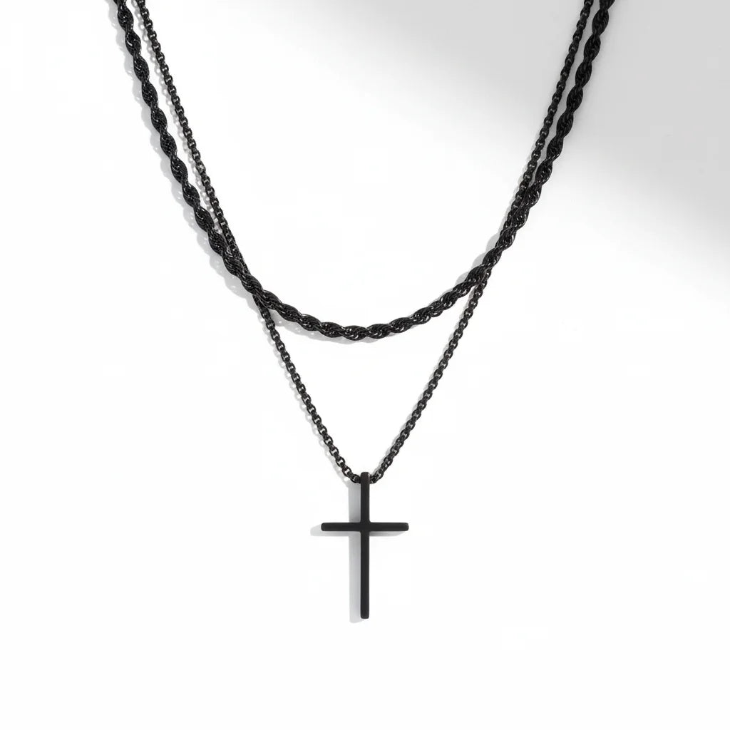 2Pcs Stainless Steel Cross Pendant Necklace For Men Titanium Steel Twisted Rope Box Chain Choker Women Punk Fashion Jewelry