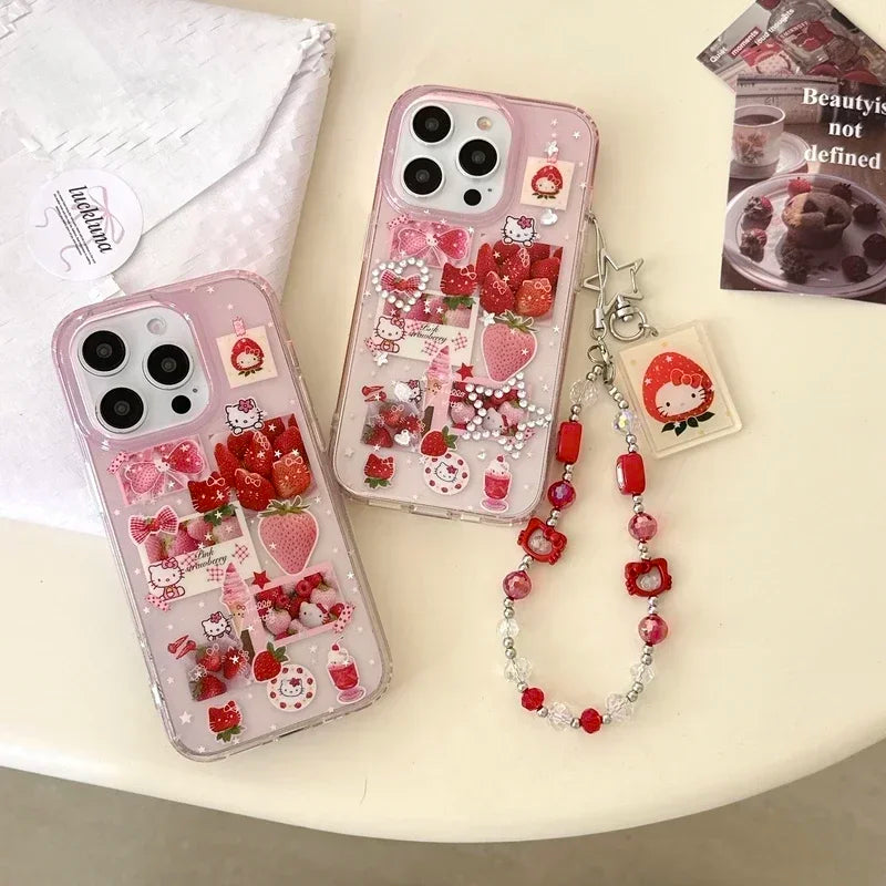 ins Korean Cute Sanrio Hello Kitty Strawberry Sticker Bling Glitter Phone Case For iPhone 16 15 14 13 Pro Max Hard IMD Cover