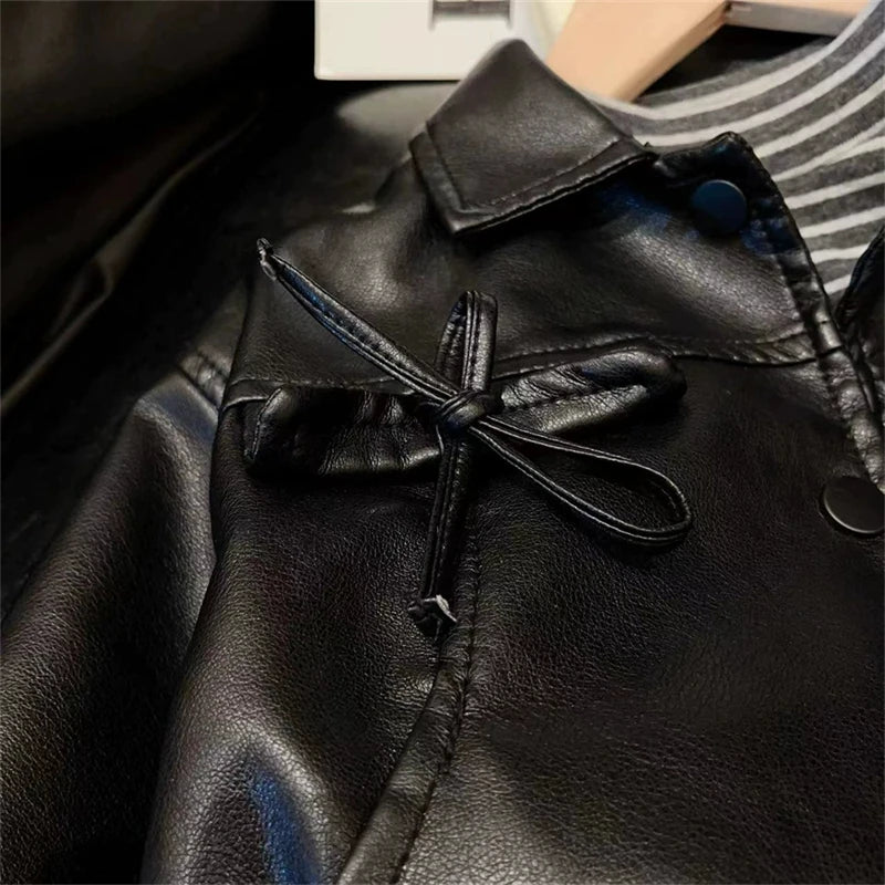 Baby Girl PU Leather Turn Down Collar Outerwear Autumn Winter Fashion Warm Bow Pocket Jacket Korean Children's Casual Coat