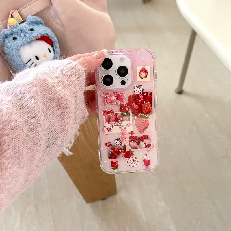 ins Korean Cute Sanrio Hello Kitty Strawberry Sticker Bling Glitter Phone Case For iPhone 16 15 14 13 Pro Max Hard IMD Cover