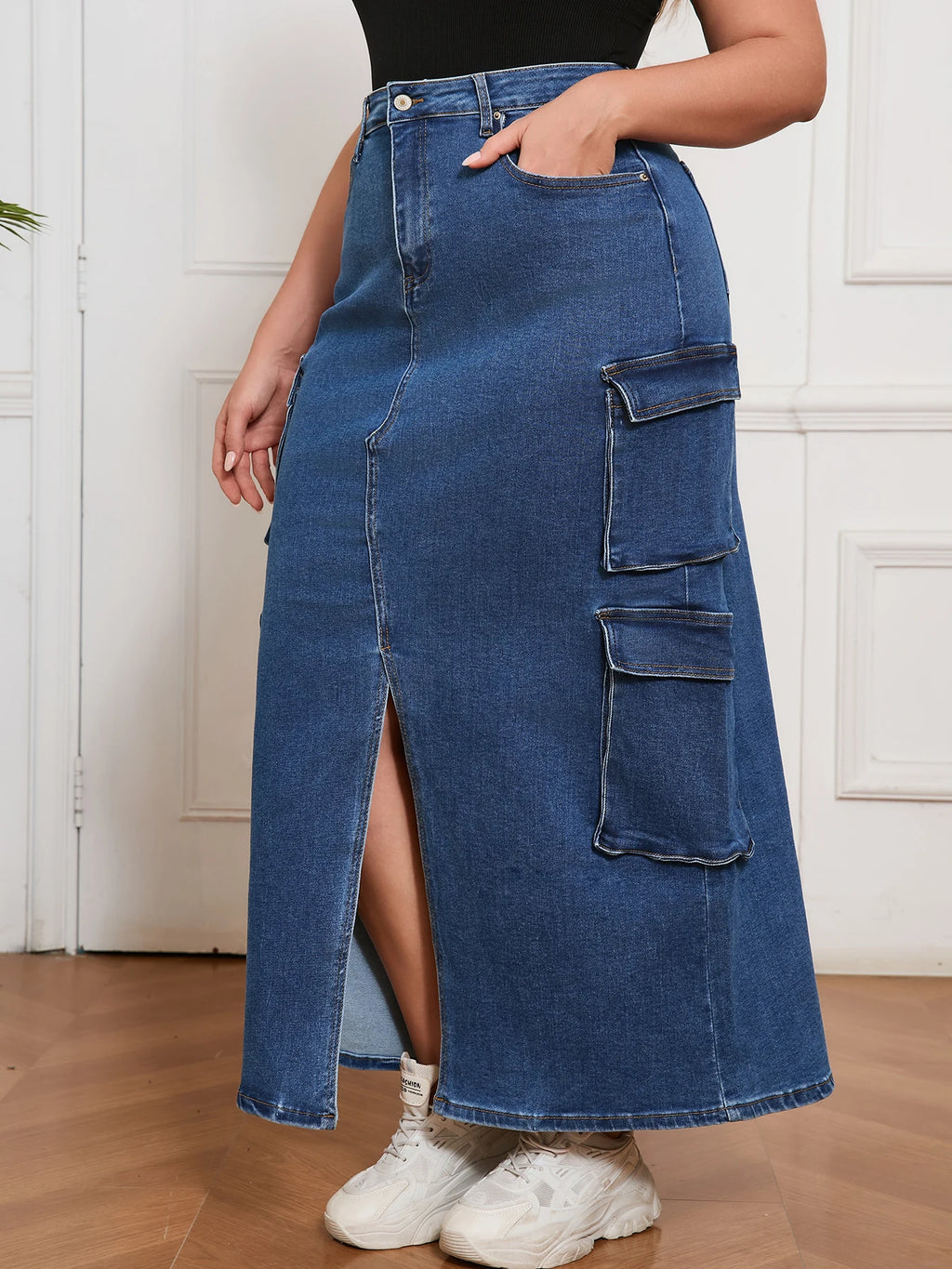 Denim Long Skirt for Women Street Style Cargo Design Split Hem Chic Outfit Casual Fashion Clothing Pants