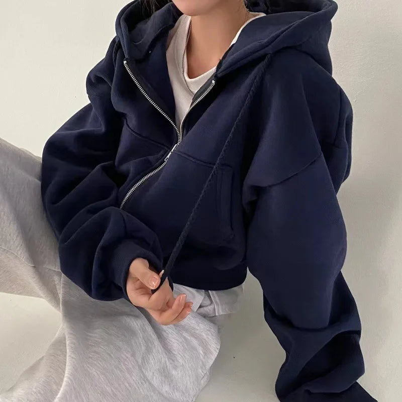 2025 Printemps Automne Nouveau Insfleece-doublé Polyvalent Cropped Slims Smooths Silhouette Zip-up Chaud Bleu Marine Sweat-shirt À Capuche Femmes