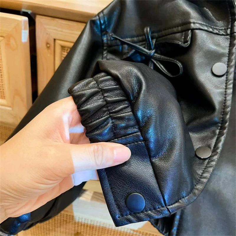 Baby Girl PU Leather Turn Down Collar Outerwear Autumn Winter Fashion Warm Bow Pocket Jacket Korean Children's Casual Coat