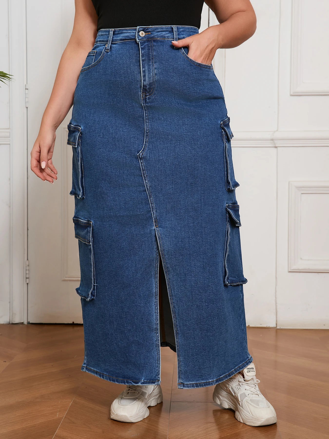 Women’s Denim Long Skirt Vintage Cargo Style Split Hem Fashion Clothing Street Outfit Jean Pants for Daily Wear