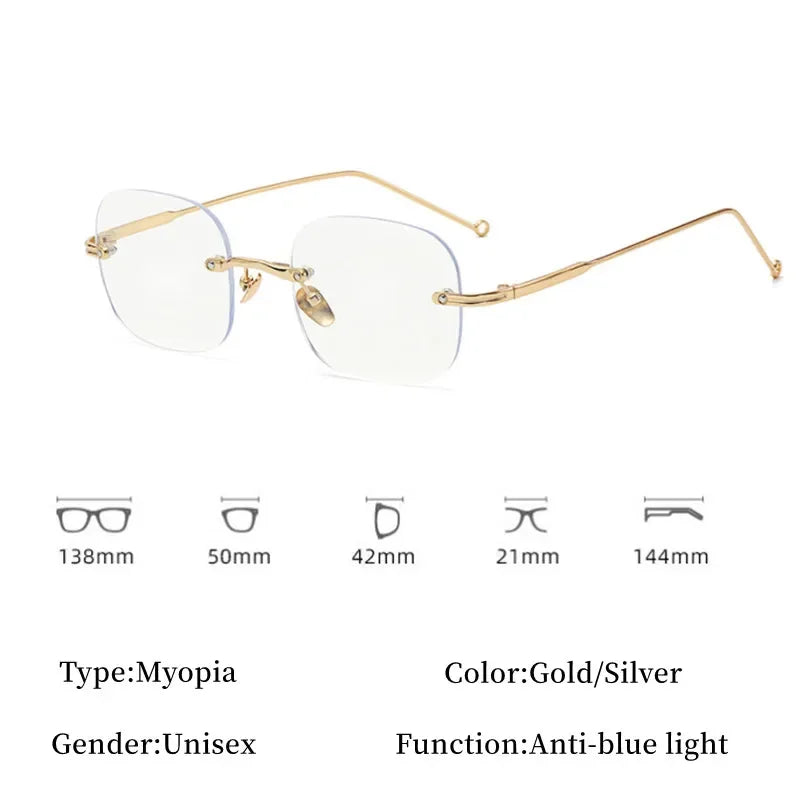 Ladies Rimless Myopia Glasses Anti Blue Light Square Near Sight Eyeglasses Finished Optical Prescription Minus Eyewear Diopter