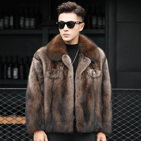 Luxury Brand Men's Mink Fur Coat Winter New Thicken Fox Fur Outerwear Jacket Short Fashion Comfortable Fur Coat Turn-down Collar
