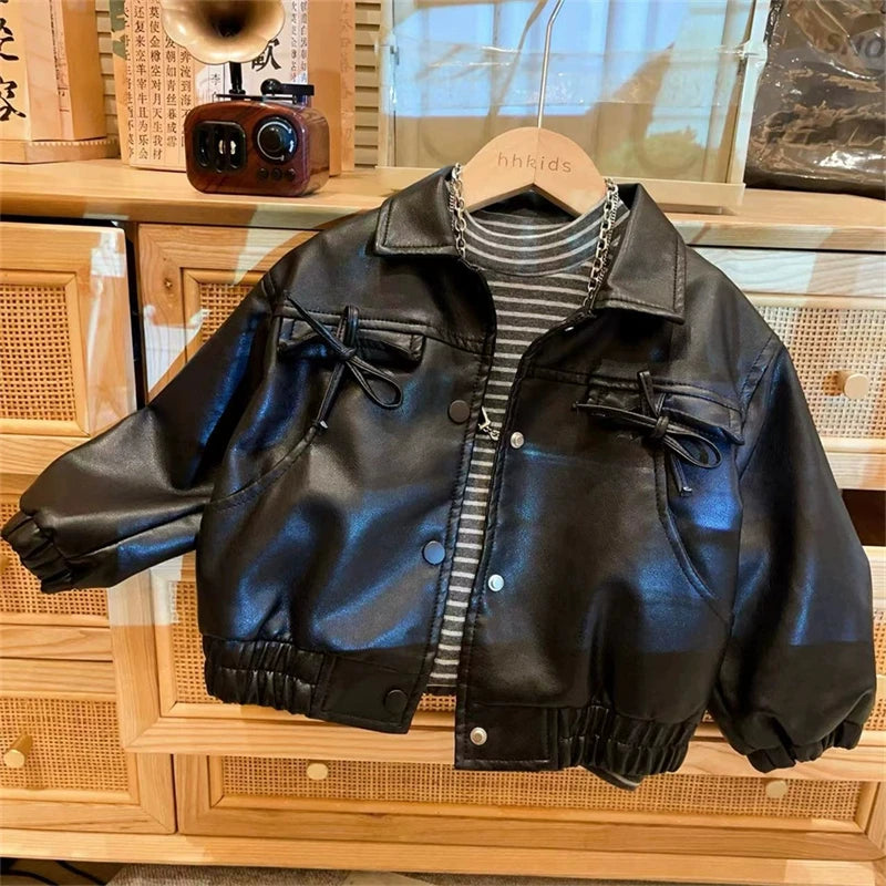Baby Girl PU Leather Turn Down Collar Outerwear Autumn Winter Fashion Warm Bow Pocket Jacket Korean Children's Casual Coat
