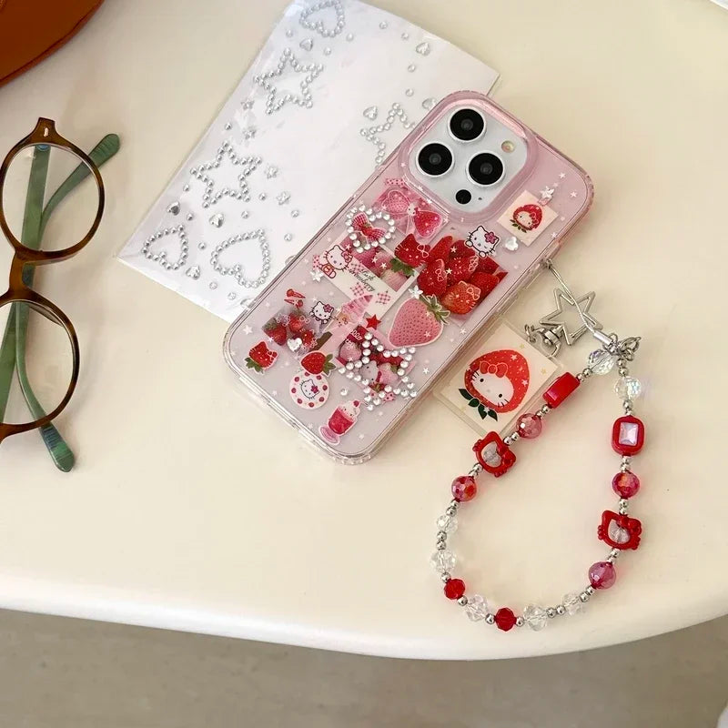 ins Korean Cute Sanrio Hello Kitty Strawberry Sticker Bling Glitter Phone Case For iPhone 16 15 14 13 Pro Max Hard IMD Cover
