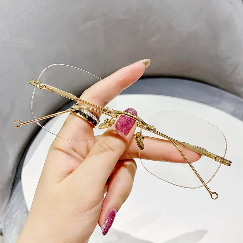 Ladies Rimless Myopia Glasses Anti Blue Light Square Near Sight Eyeglasses Finished Optical Prescription Minus Eyewear Diopter