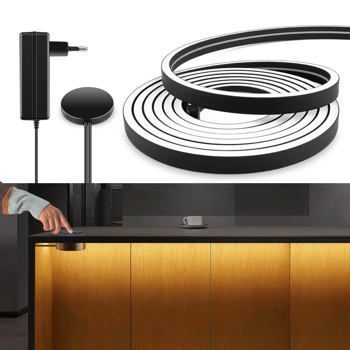 Black Tube LED Under Cabinet Light 24V Neon Lights Penetrable Wood Touch Dimmable Hand Scan Motion Sensor Cupboard Closet Decor