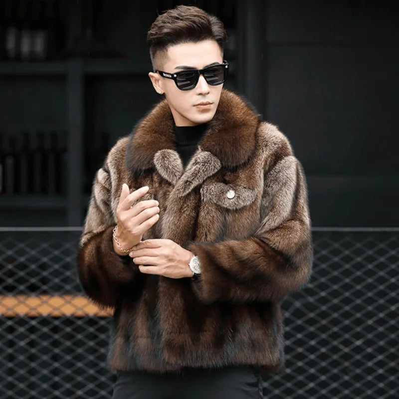 Luxury Brand Men's Mink Fur Coat Winter New Thicken Fox Fur Outerwear Jacket Short Fashion Comfortable Fur Coat Turn-down Collar
