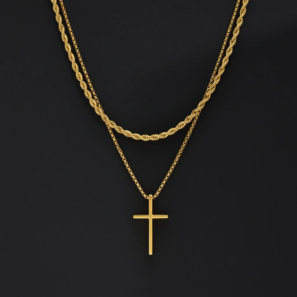 2Pcs Stainless Steel Cross Pendant Necklace For Men Titanium Steel Twisted Rope Box Chain Choker Women Punk Fashion Jewelry