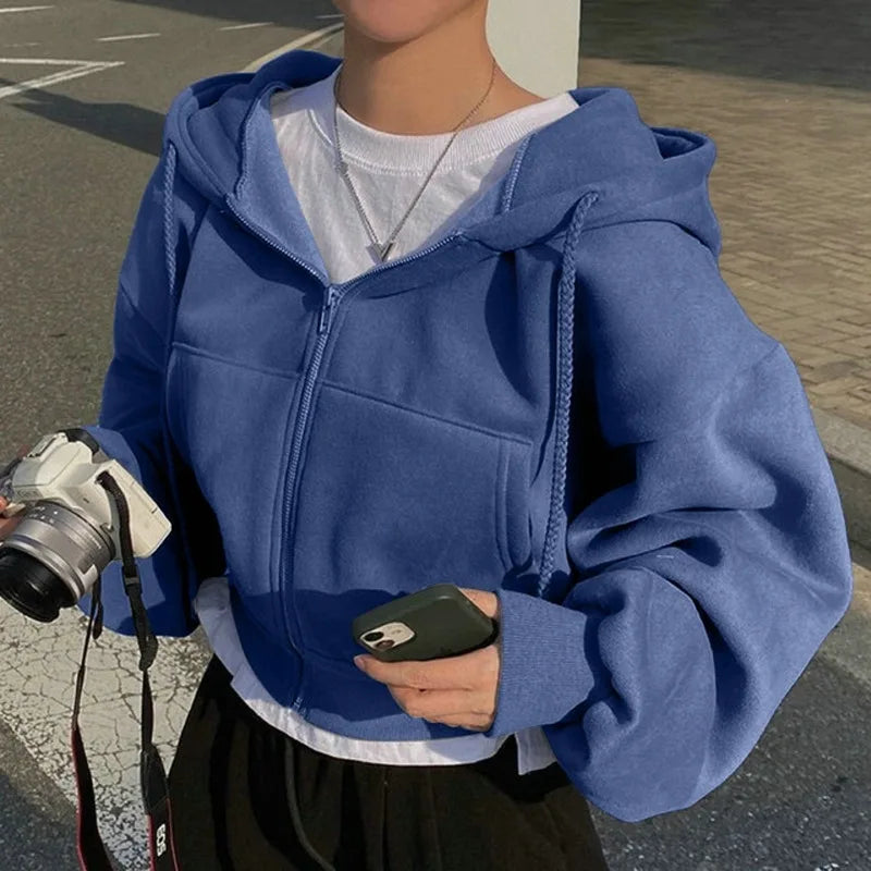 2025 Printemps Automne Nouveau Insfleece-doublé Polyvalent Cropped Slims Smooths Silhouette Zip-up Chaud Bleu Marine Sweat-shirt À Capuche Femmes