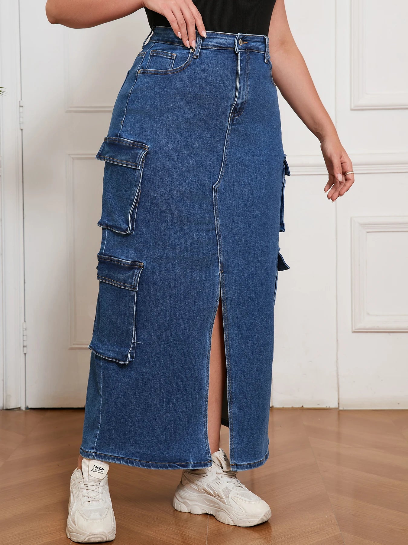 Women’s Denim Long Skirt Vintage Cargo Style Split Hem Fashion Clothing Street Outfit Jean Pants for Daily Wear
