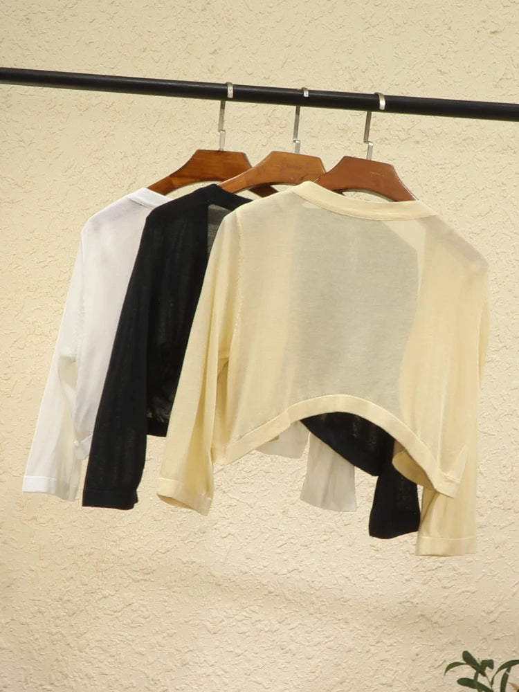 Summer Cardigan Women Cropped Korean Fashion Style Female Black Women's Coat Clothing V-neck Ladies Sweater Outerwear Cute Basic