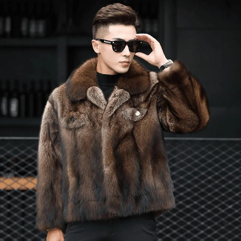 Luxury Brand Men's Mink Fur Coat Winter New Thicken Fox Fur Outerwear Jacket Short Fashion Comfortable Fur Coat Turn-down Collar