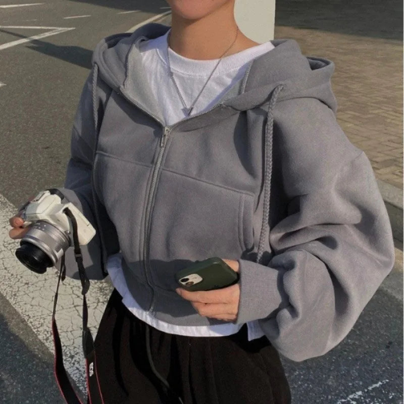 2025 Printemps Automne Nouveau Insfleece-doublé Polyvalent Cropped Slims Smooths Silhouette Zip-up Chaud Bleu Marine Sweat-shirt À Capuche Femmes