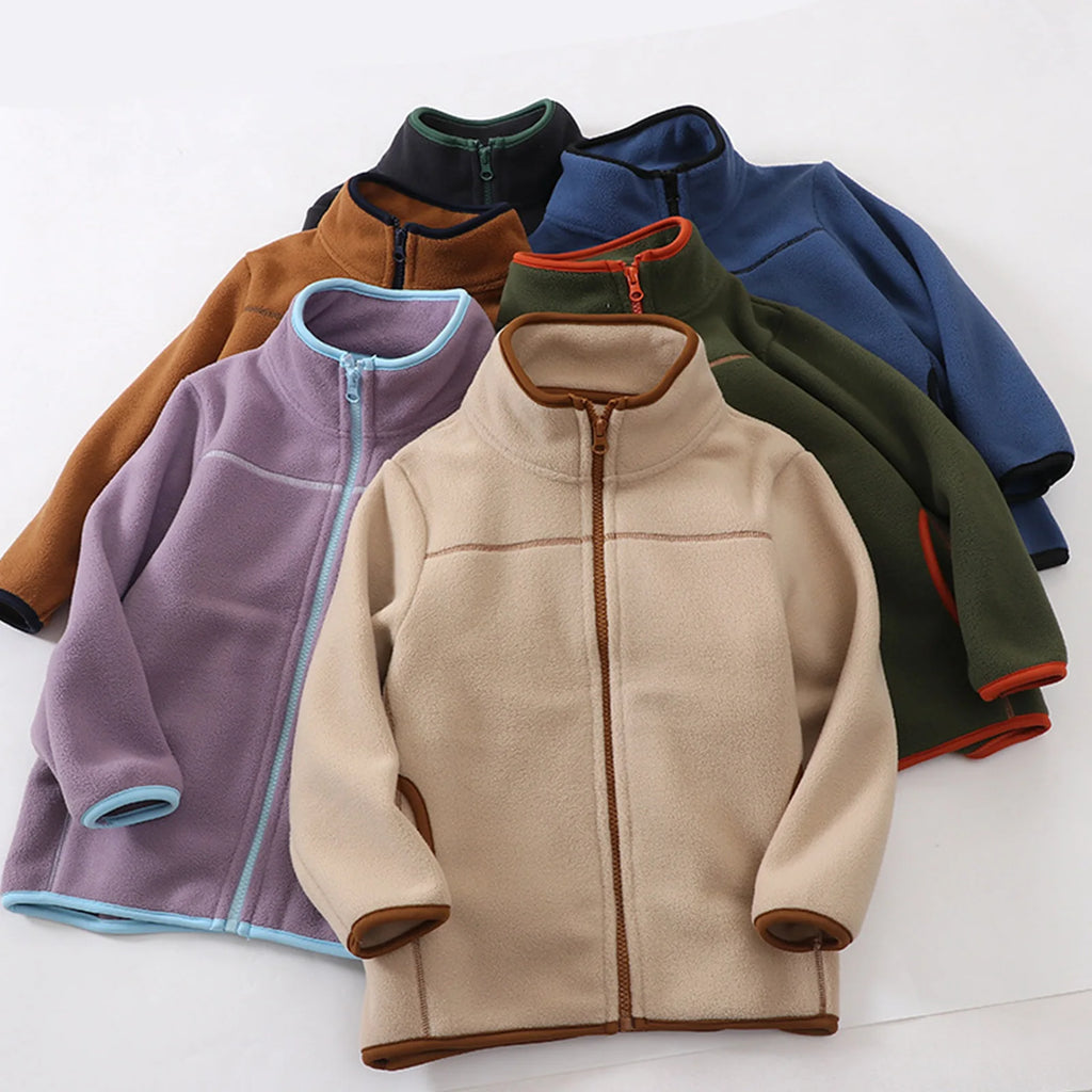Kids Boys Girls Stylish Clothing Contrast Color Trim Fleece Outdoor Sports Jacket Casual Zip-up Coat Warm Outerwear Active Wear
