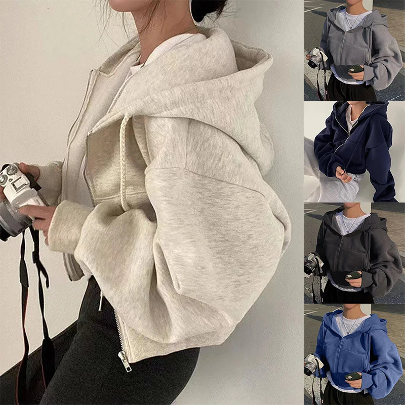 2025 Printemps Automne Nouveau Insfleece-doublé Polyvalent Cropped Slims Smooths Silhouette Zip-up Chaud Bleu Marine Sweat-shirt À Capuche Femmes