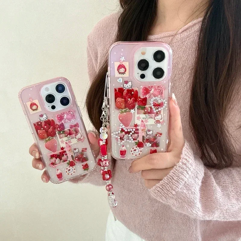 ins Korean Cute Sanrio Hello Kitty Strawberry Sticker Bling Glitter Phone Case For iPhone 16 15 14 13 Pro Max Hard IMD Cover