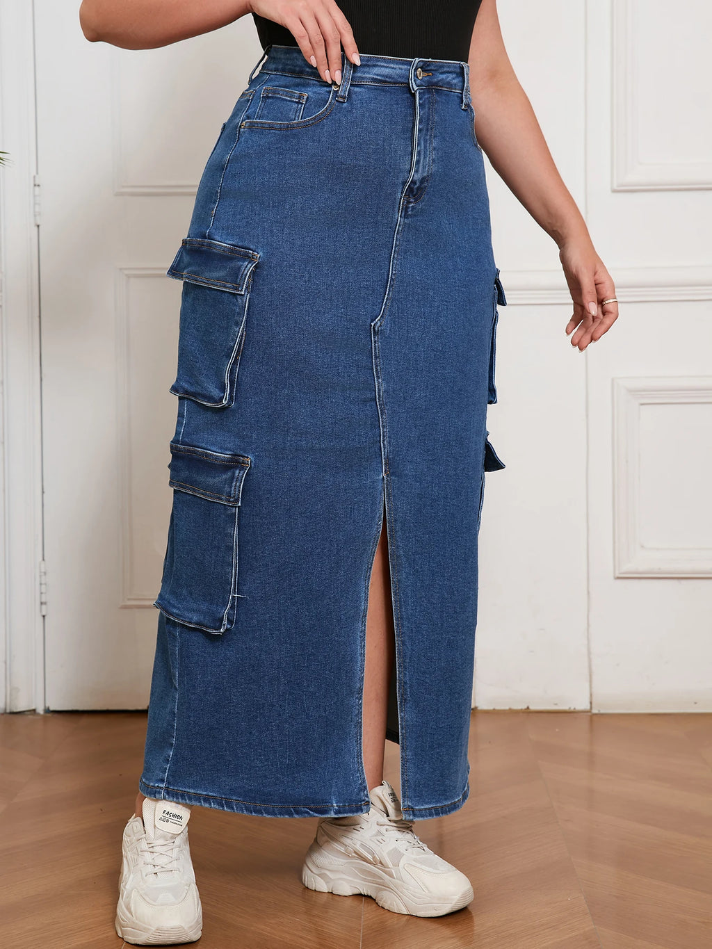 Denim Long Skirt for Women Street Style Cargo Design Split Hem Chic Outfit Casual Fashion Clothing Pants