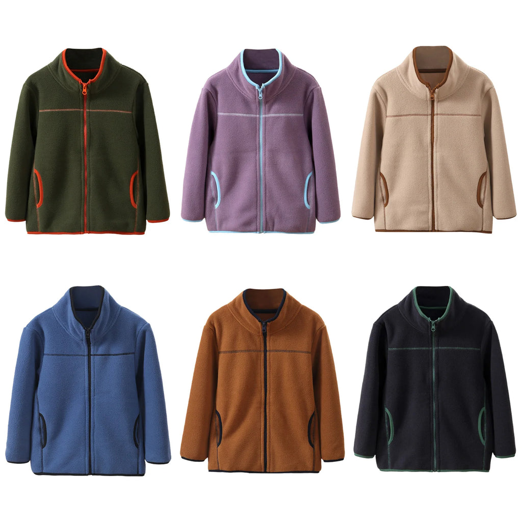 Kids Boys Girls Stylish Clothing Contrast Color Trim Fleece Outdoor Sports Jacket Casual Zip-up Coat Warm Outerwear Active Wear