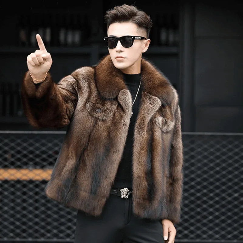 Luxury Brand Men's Mink Fur Coat Winter New Thicken Fox Fur Outerwear Jacket Short Fashion Comfortable Fur Coat Turn-down Collar