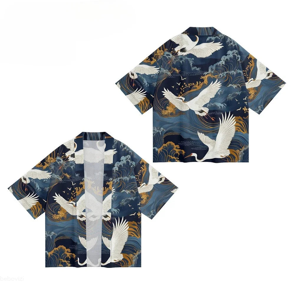 2025 Summer Beach Shirt Fashion Casual Cardigan Kimono Women Yukata Japanese Vintage Style Crane Print Haori Clothes