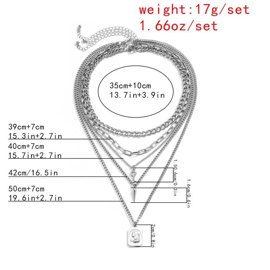 Salircon Punk Multilayer Chains Chunky Necklace Set Goth Spike Rivet Portrait Key Pendant Necklace Women Men Statement Jewelry