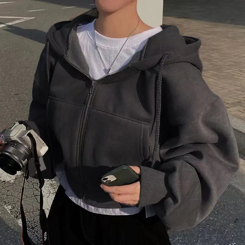 2025 Printemps Automne Nouveau Insfleece-doublé Polyvalent Cropped Slims Smooths Silhouette Zip-up Chaud Bleu Marine Sweat-shirt À Capuche Femmes