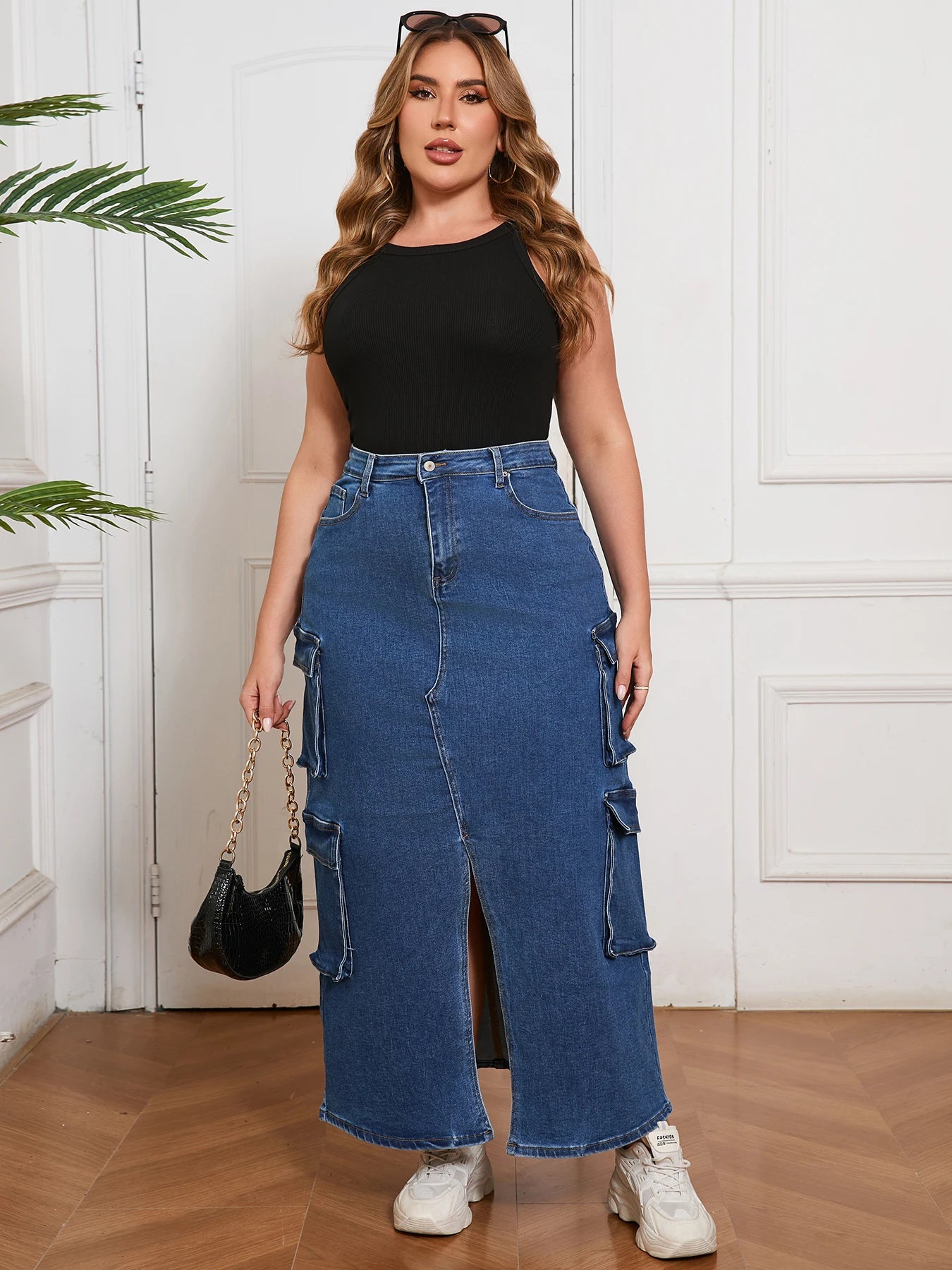 Women’s Denim Long Skirt Vintage Cargo Style Split Hem Fashion Clothing Street Outfit Jean Pants for Daily Wear