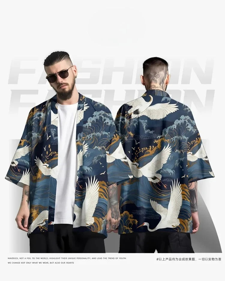 2025 Summer Beach Shirt Fashion Casual Cardigan Kimono Women Yukata Japanese Vintage Style Crane Print Haori Clothes