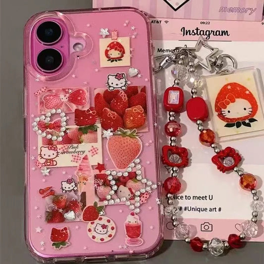 ins Korean Cute Sanrio Hello Kitty Strawberry Sticker Bling Glitter Phone Case For iPhone 16 15 14 13 Pro Max Hard IMD Cover