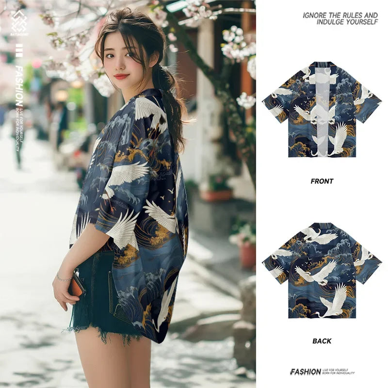 2025 Summer Beach Shirt Fashion Casual Cardigan Kimono Women Yukata Japanese Vintage Style Crane Print Haori Clothes