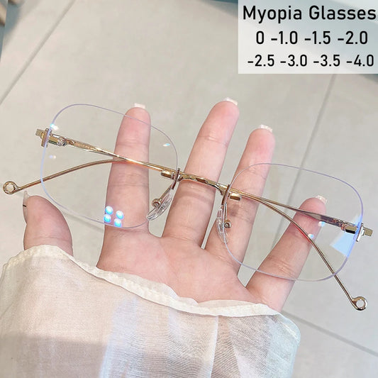 Ladies Rimless Myopia Glasses Anti Blue Light Square Near Sight Eyeglasses Finished Optical Prescription Minus Eyewear Diopter