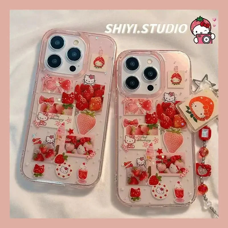 ins Korean Cute Sanrio Hello Kitty Strawberry Sticker Bling Glitter Phone Case For iPhone 16 15 14 13 Pro Max Hard IMD Cover