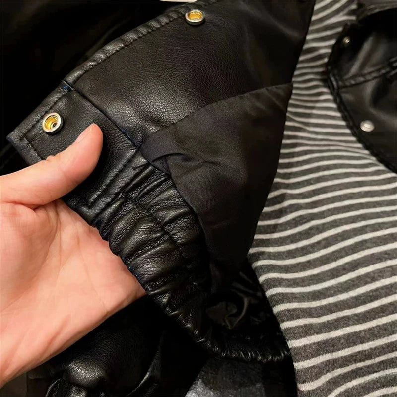 Baby Girl PU Leather Turn Down Collar Outerwear Autumn Winter Fashion Warm Bow Pocket Jacket Korean Children's Casual Coat