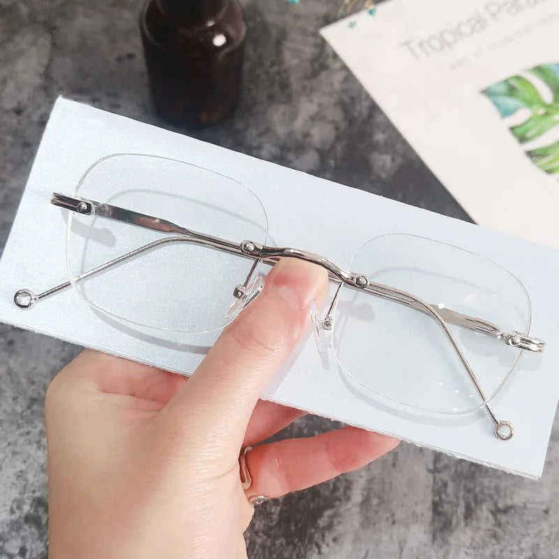 Ladies Rimless Myopia Glasses Anti Blue Light Square Near Sight Eyeglasses Finished Optical Prescription Minus Eyewear Diopter