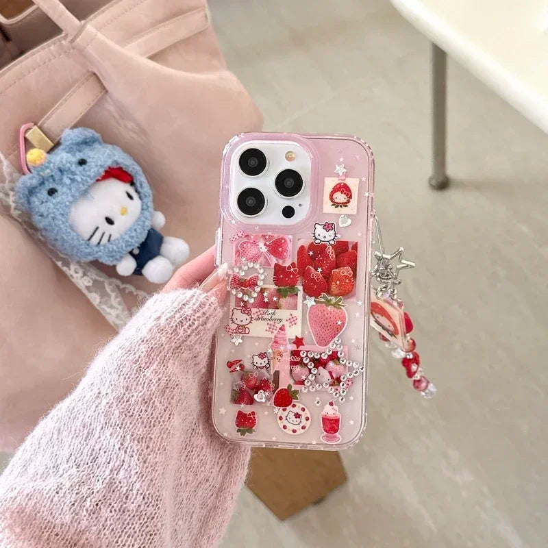ins Korean Cute Sanrio Hello Kitty Strawberry Sticker Bling Glitter Phone Case For iPhone 16 15 14 13 Pro Max Hard IMD Cover