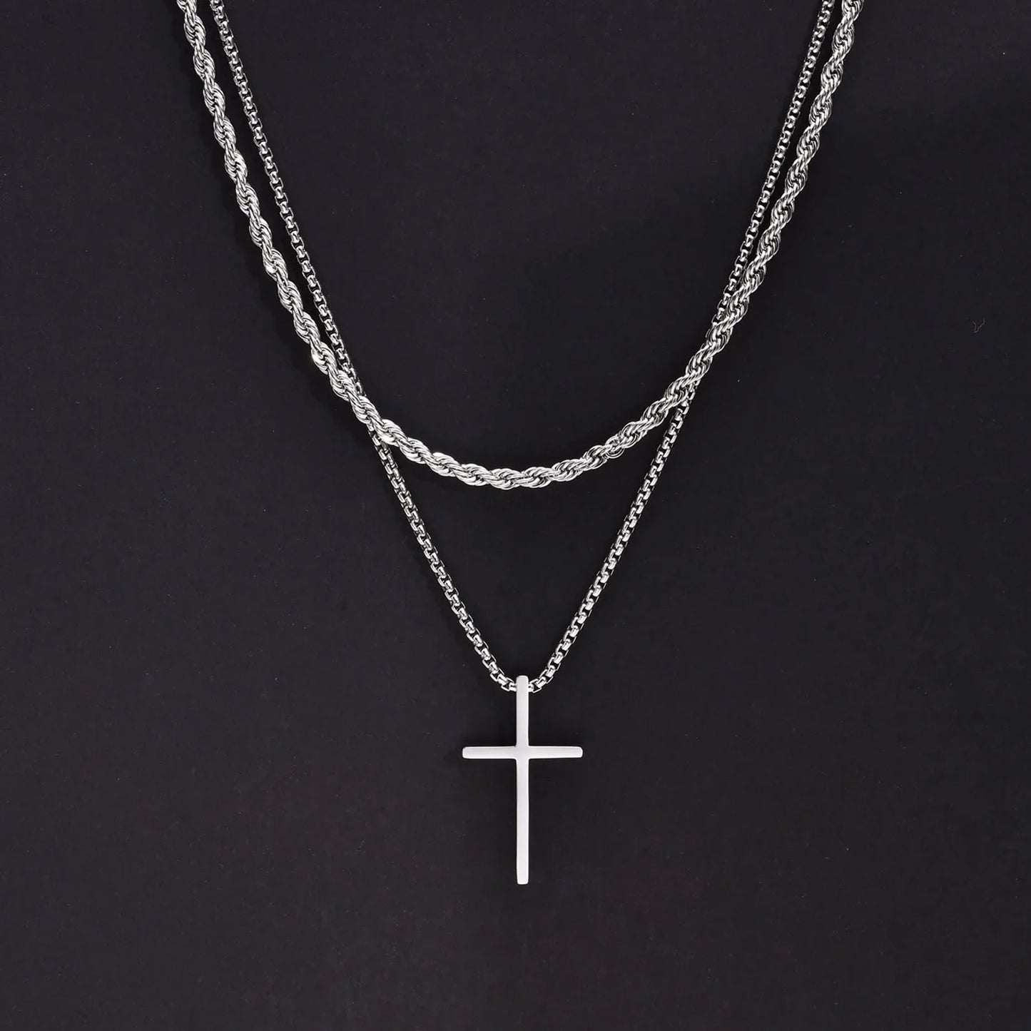 2Pcs Stainless Steel Cross Pendant Necklace For Men Titanium Steel Twisted Rope Box Chain Choker Women Punk Fashion Jewelry