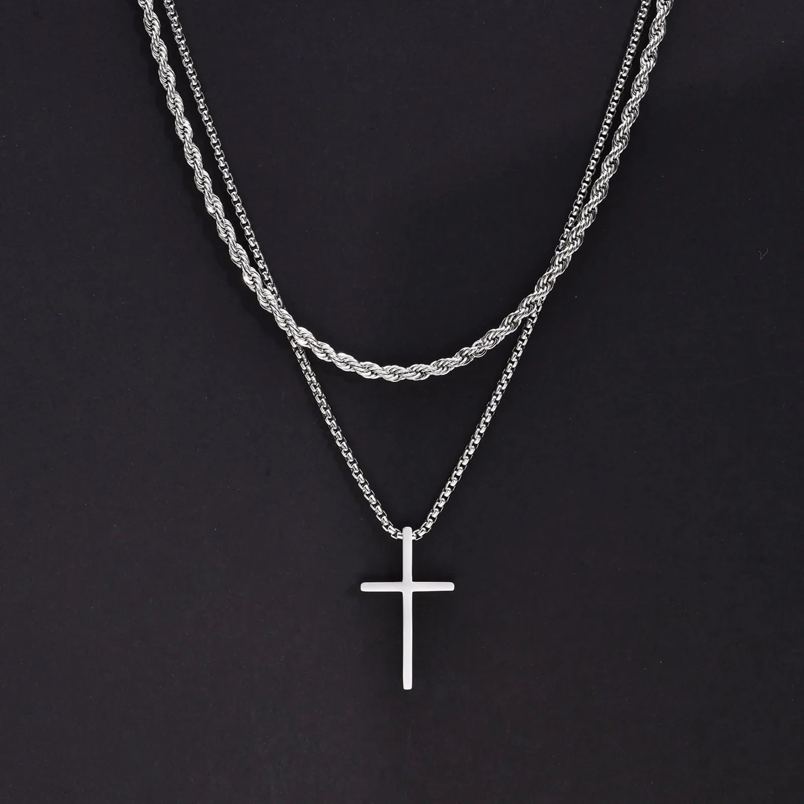 2Pcs Stainless Steel Cross Pendant Necklace For Men Titanium Steel Twisted Rope Box Chain Choker Women Punk Fashion Jewelry